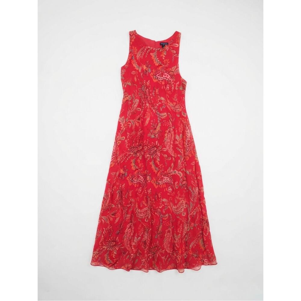 Vintage Y2K Ann Taylor 12 Silk Overlay Maxi Dress Red Floral Flutter Autumn